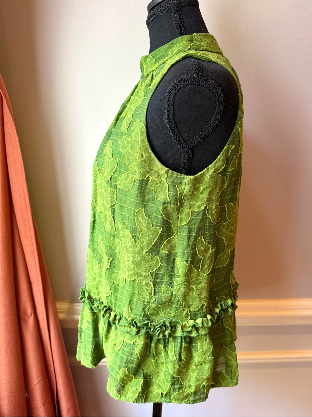 Maeve Anthropologie Green Floral Jacquard Mock Neck Ruffle Hem Sleeveless Top - Picture 5 of 11